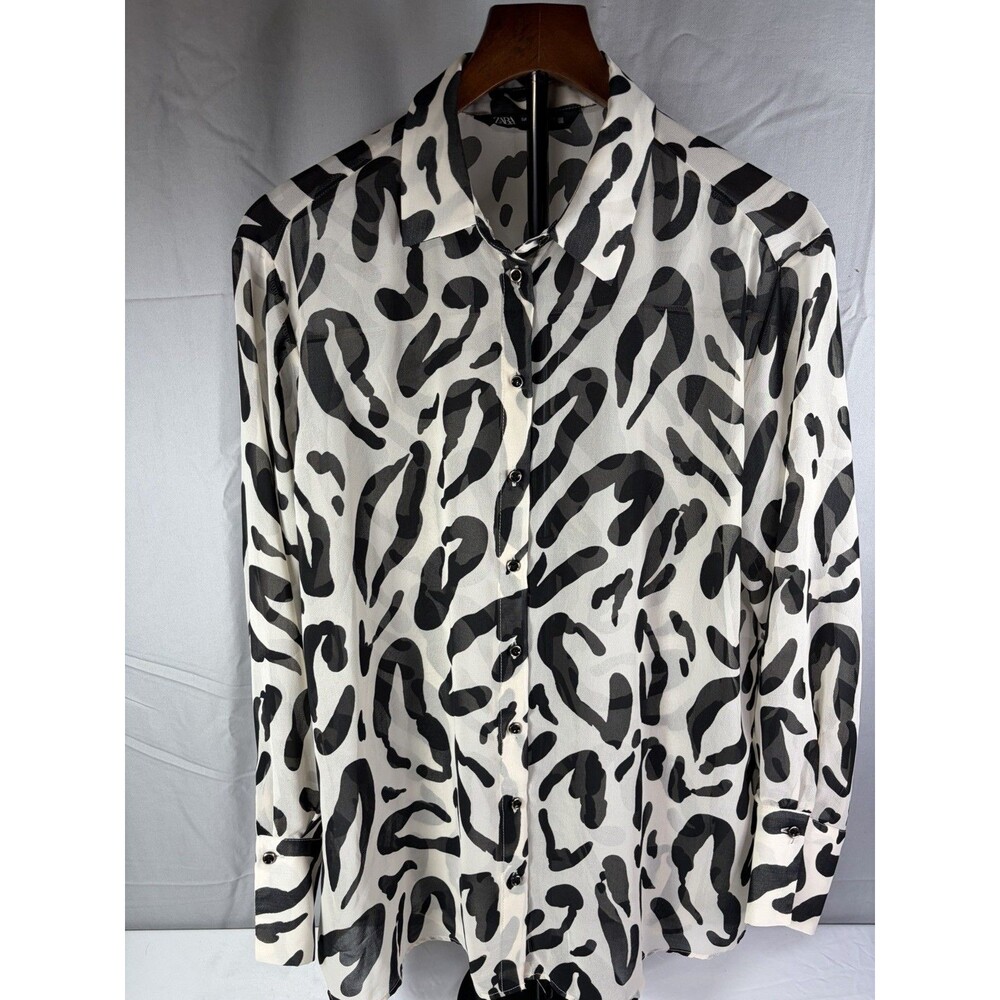 Zara Sheer Button Down Blouse Womens Size L Black/White, Very Nice